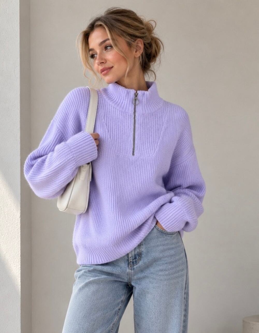 Nine West Women’s Lavender Quarter-Zip Knit Sweater – Size L